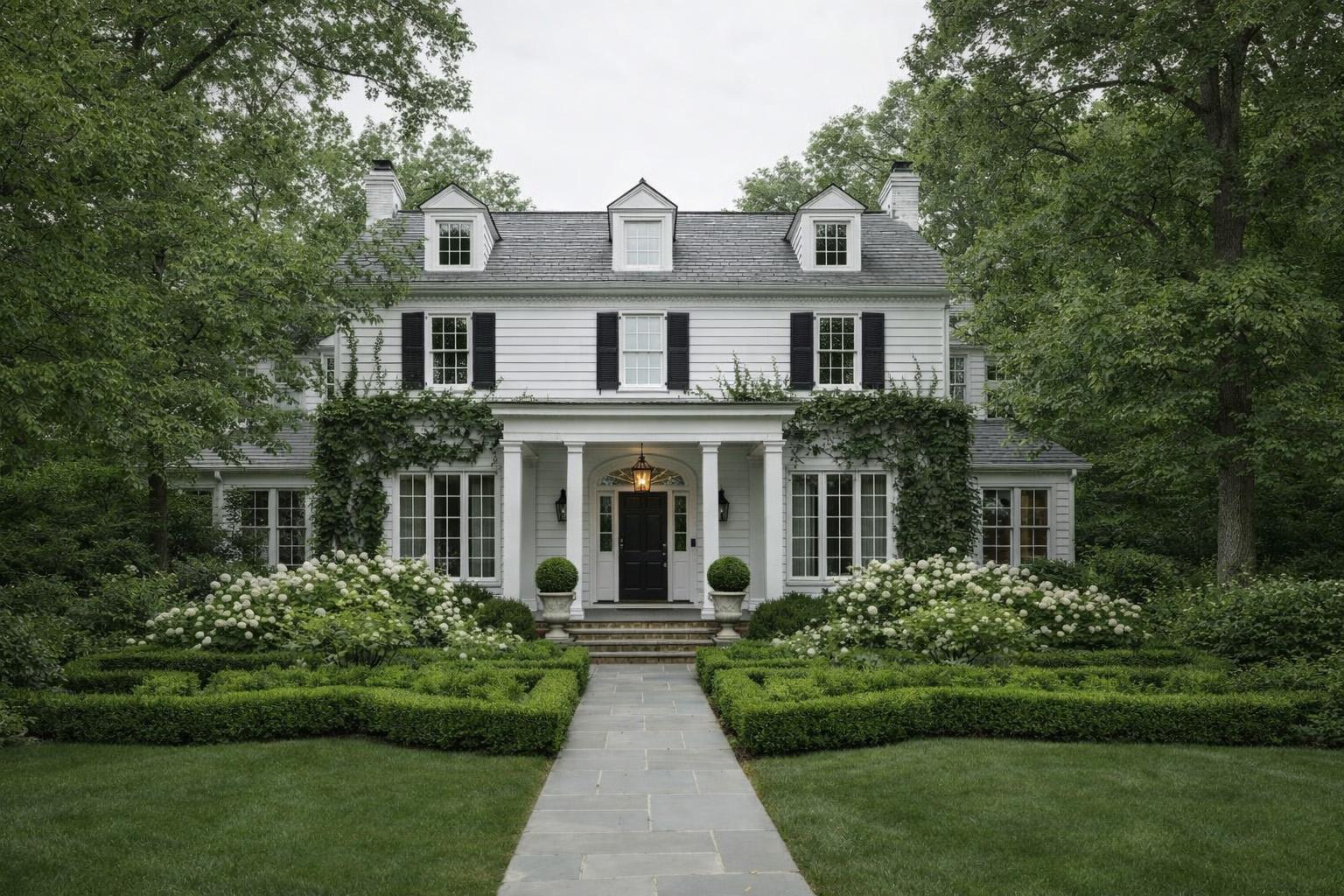 A beautiful white traditional house with a sidewalk, in lush greenery